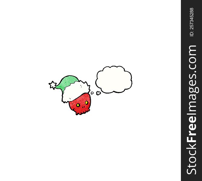 cartoon skull in christmas hat with thought bubble