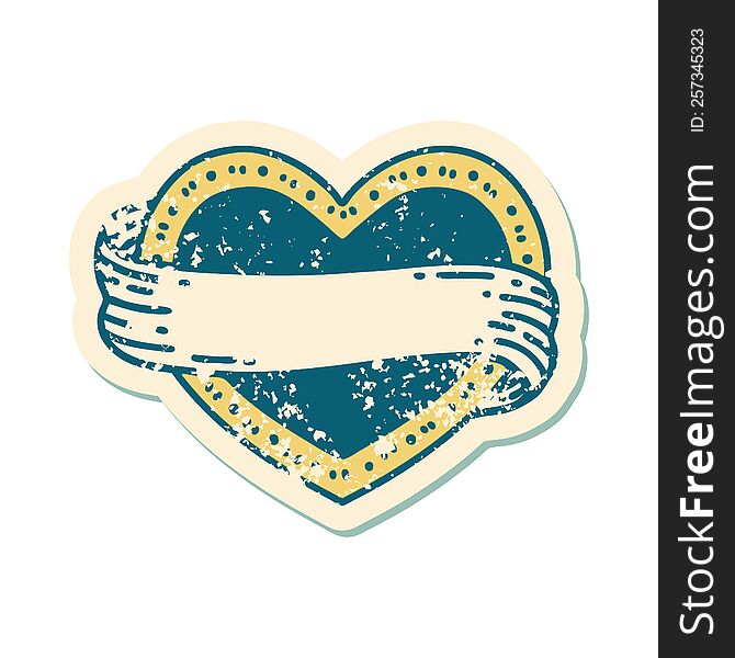 Distressed Sticker Tattoo Style Icon Of A Heart And Banner