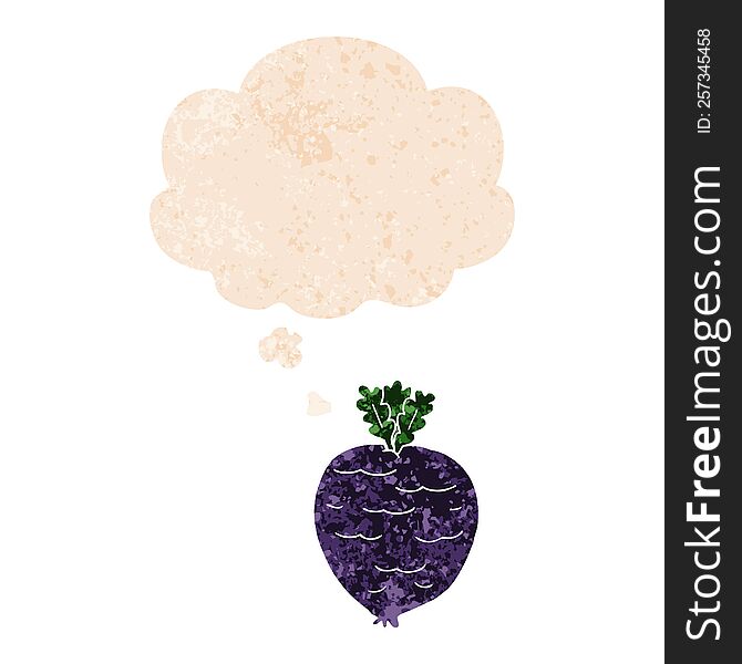 cartoon root vegetable with thought bubble in grunge distressed retro textured style. cartoon root vegetable with thought bubble in grunge distressed retro textured style