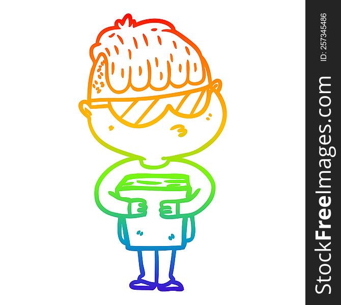 rainbow gradient line drawing of a cartoon boy wearing sunglasses