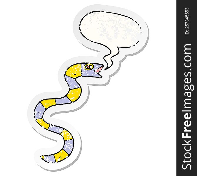 Hissing Cartoon Snake And Speech Bubble Distressed Sticker