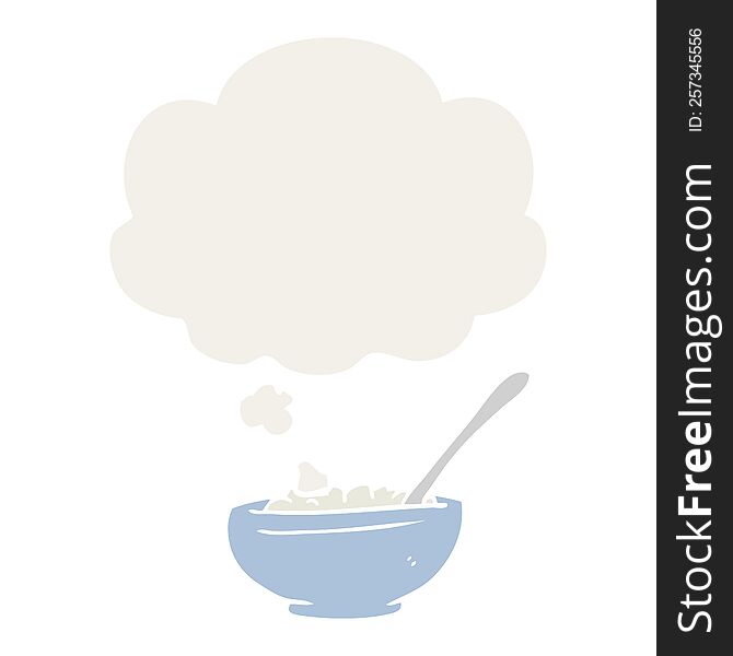 cartoon bowl of rice with thought bubble in retro style