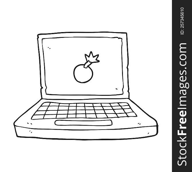 freehand drawn black and white cartoon laptop computer with bomb symbol