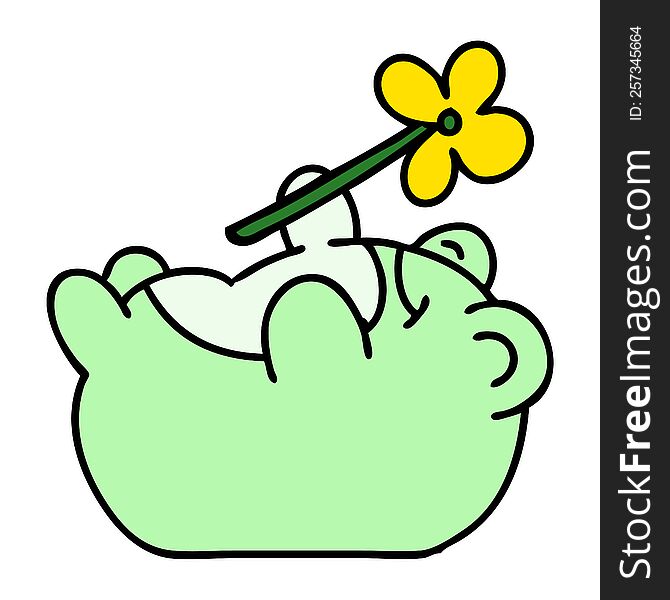 cartoon of a happy frog with a flower. cartoon of a happy frog with a flower