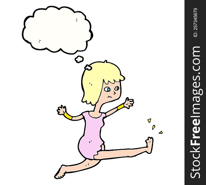 cartoon happy woman kicking with thought bubble