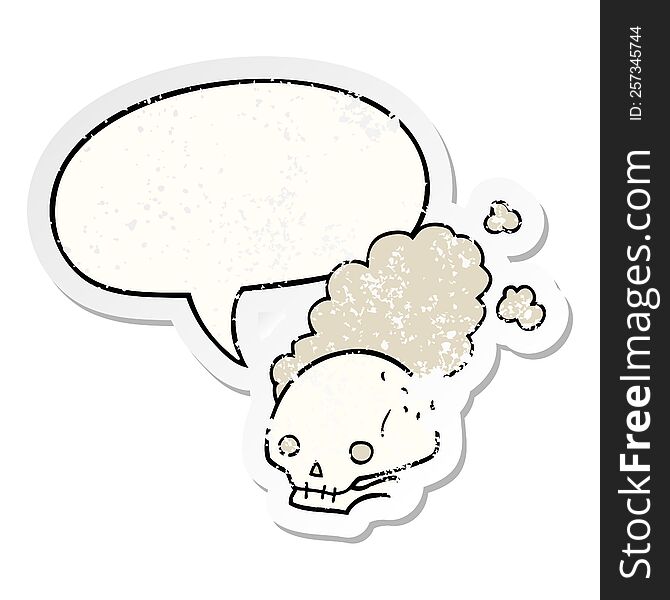 cartoon dusty old skull and speech bubble distressed sticker