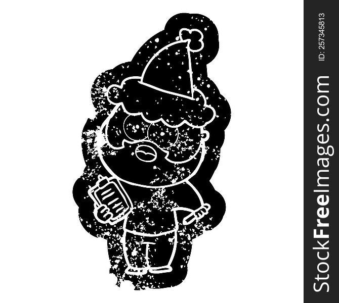 cartoon distressed icon of a bearded man with clipboard and pen wearing santa hat