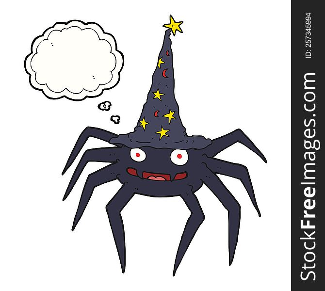 freehand drawn thought bubble cartoon halloween spider in witch hat