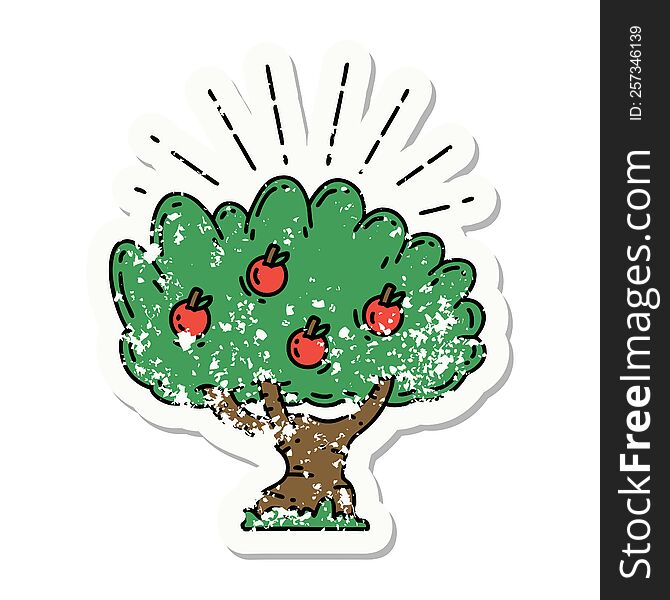 worn old sticker of a tattoo style apple tree. worn old sticker of a tattoo style apple tree