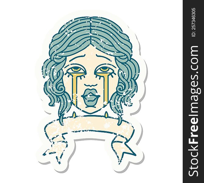 Grunge Sticker With Banner Of A Very Happy Crying Female Face