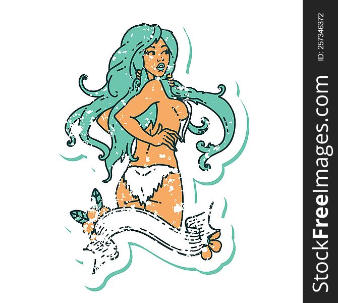 distressed sticker tattoo in traditional style of a pinup viking girl with banner. distressed sticker tattoo in traditional style of a pinup viking girl with banner