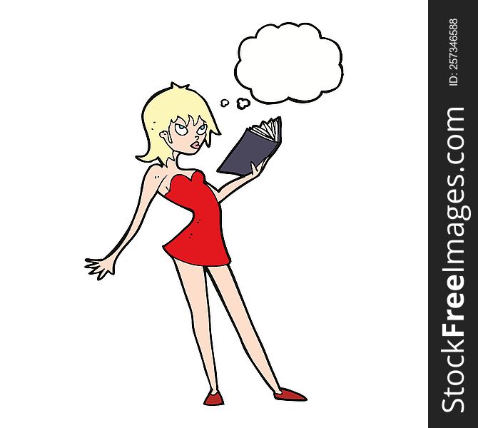 cartoon woman reading book with thought bubble