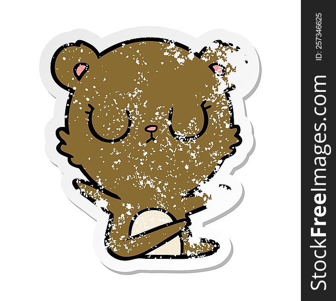 distressed sticker of a peaceful cartoon bear