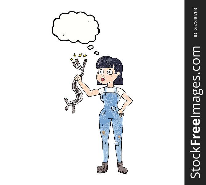 freehand drawn thought bubble textured cartoon female electrician