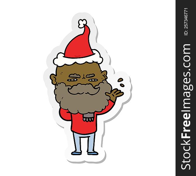 hand drawn sticker cartoon of a dismissive man with beard frowning wearing santa hat