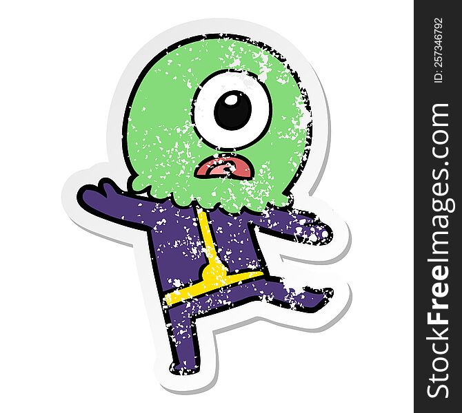 distressed sticker of a cartoon cyclops alien spaceman