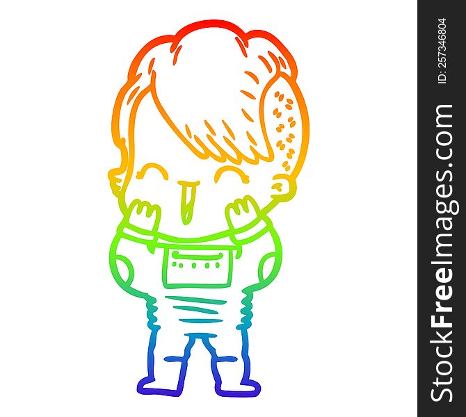 Rainbow Gradient Line Drawing Cartoon Happy Hipster Girl Wearing Space Suit