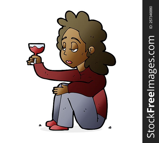 Cartoon Unhappy Woman With Glass Of Wine