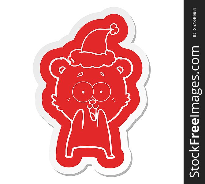 Excited Teddy Bear Cartoon  Sticker Of A Wearing Santa Hat
