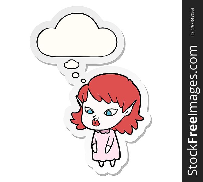 cartoon elf girl with pointy ears with thought bubble as a printed sticker