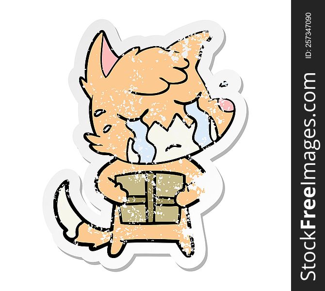Distressed Sticker Of A Crying Fox Cartoon With Parcel