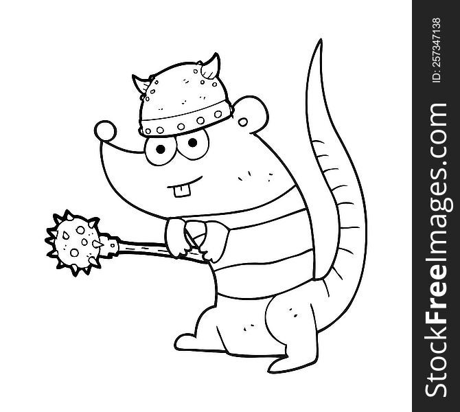 freehand drawn black and white cartoon rat warrior