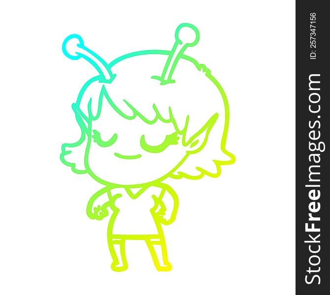 Cold Gradient Line Drawing Smiling Alien Girl Cartoon