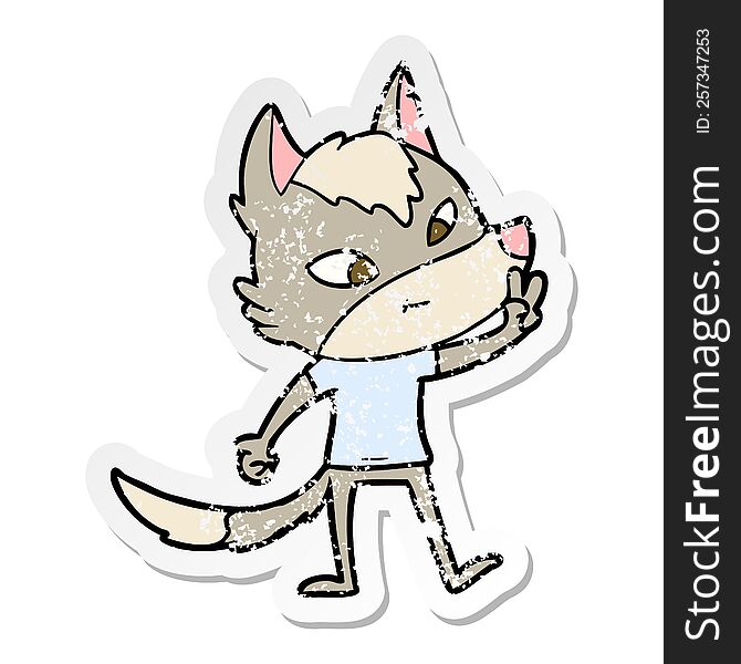 distressed sticker of a friendly cartoon wolf giving peace sign