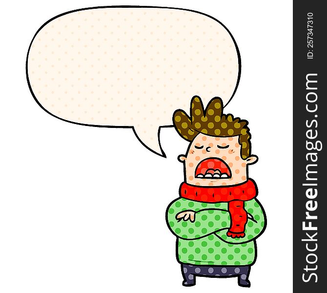 Cartoon Obnoxious Man In Winter Clothes And Speech Bubble In Comic Book Style