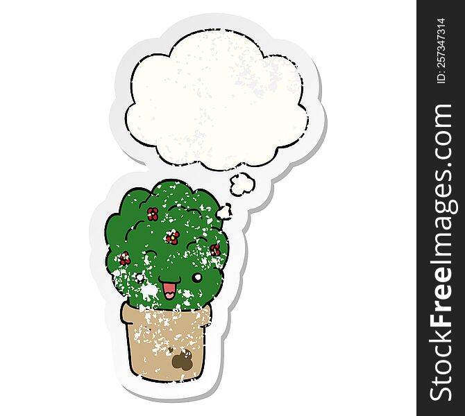 cartoon shrub in pot with thought bubble as a distressed worn sticker
