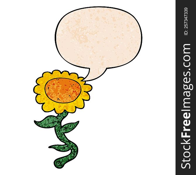 cartoon sunflower with speech bubble in retro texture style