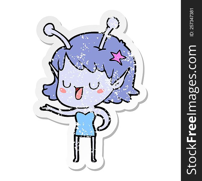 distressed sticker of a happy alien girl cartoon laughing