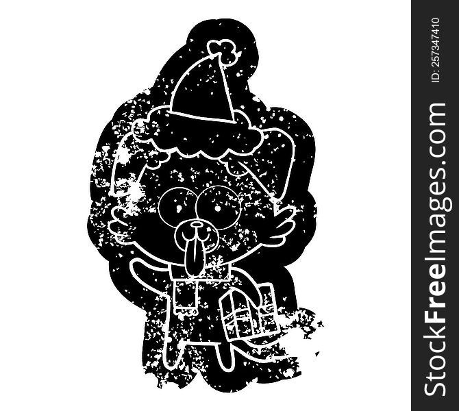 Cartoon Distressed Icon Of A Dog With Christmas Present Wearing Santa Hat