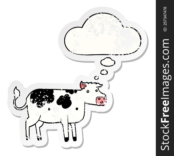 cartoon cow with thought bubble as a distressed worn sticker