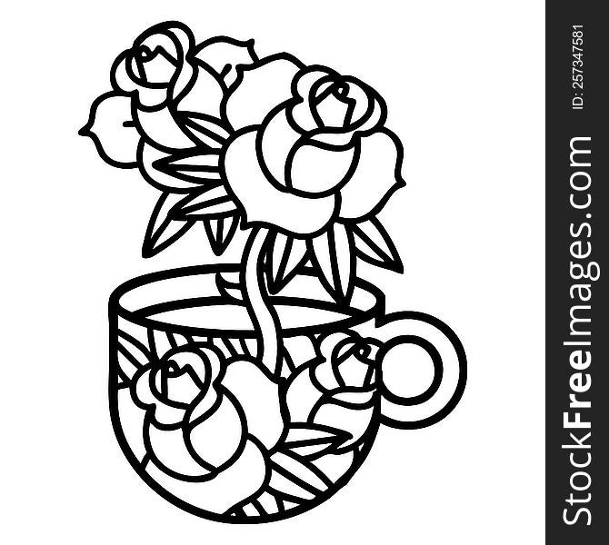 tattoo in black line style of a cup and flowers. tattoo in black line style of a cup and flowers