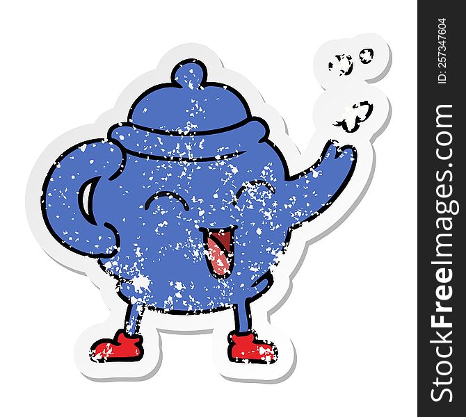 Distressed Sticker Cartoon Doodle Of A Blue Tea Pot