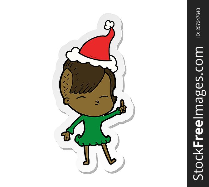 Sticker Cartoon Of A Squinting Girl Wearing Santa Hat