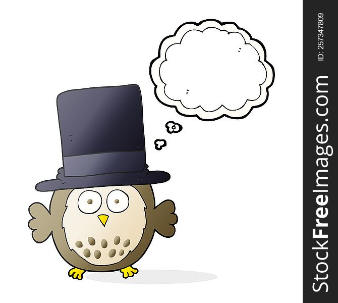 freehand drawn thought bubble cartoon owl wearing top hat
