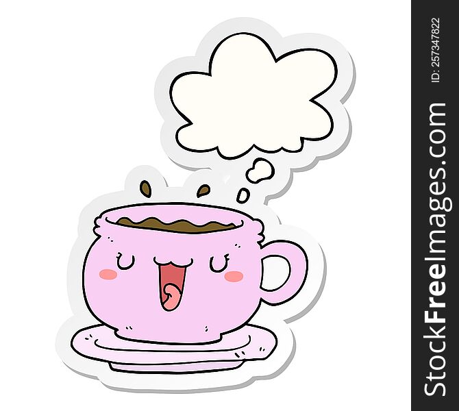 cute cartoon cup and saucer with thought bubble as a printed sticker