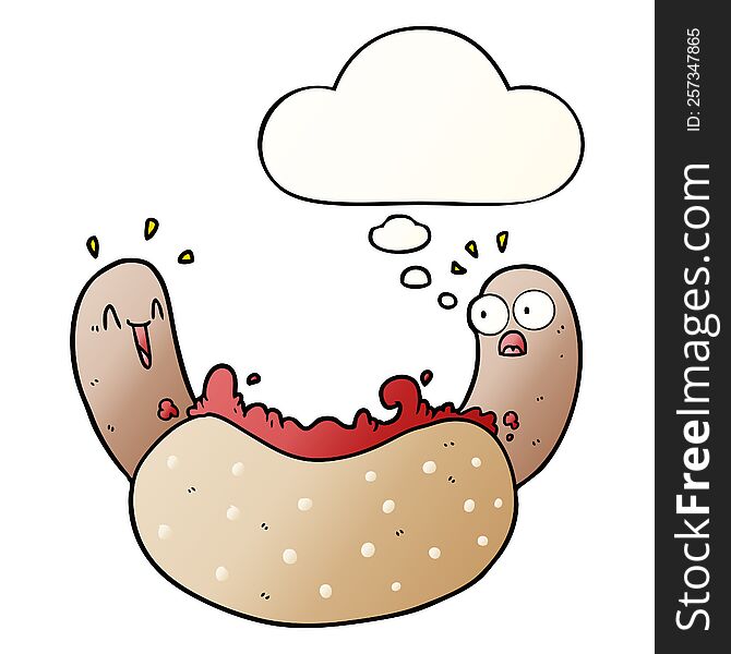 cartoon hotdog with thought bubble in smooth gradient style