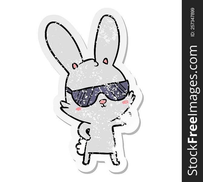 Distressed Sticker Of A Cute Cartoon Rabbit Wearing Sunglasses