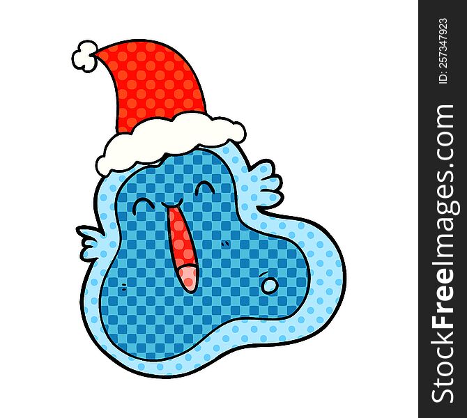 hand drawn comic book style illustration of a germ wearing santa hat