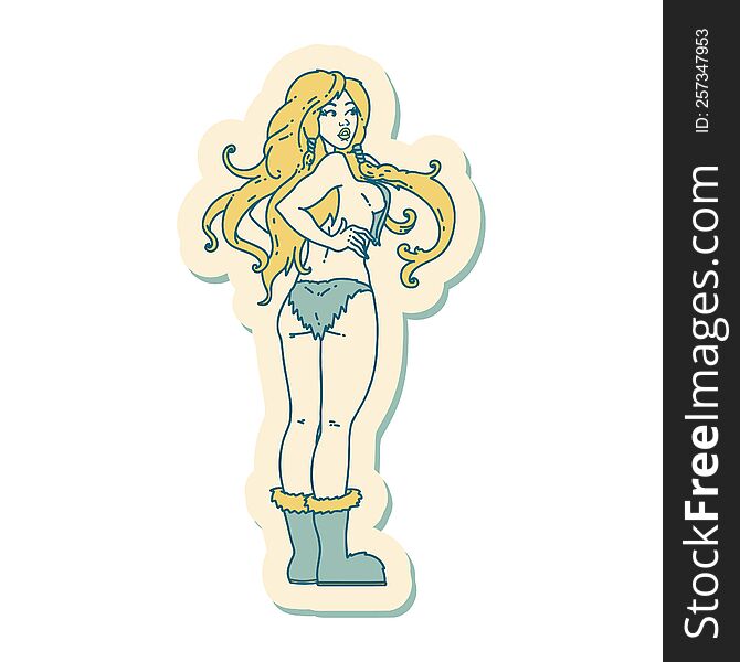 sticker of tattoo in traditional style of a pinup viking girl. sticker of tattoo in traditional style of a pinup viking girl