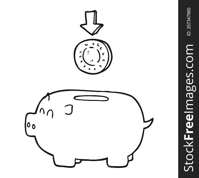 freehand drawn black and white cartoon piggy bank
