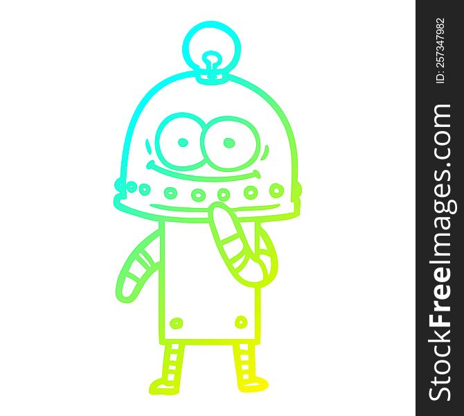 cold gradient line drawing of a happy carton robot with light bulb