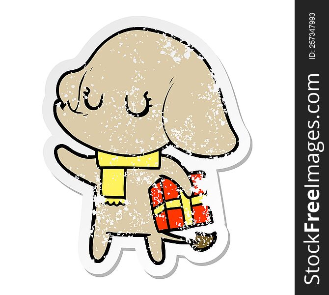 Distressed Sticker Of A Cute Cartoon Elephant With Gift