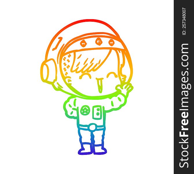 Rainbow Gradient Line Drawing Cartoon Happy Astronaut Girl Waving