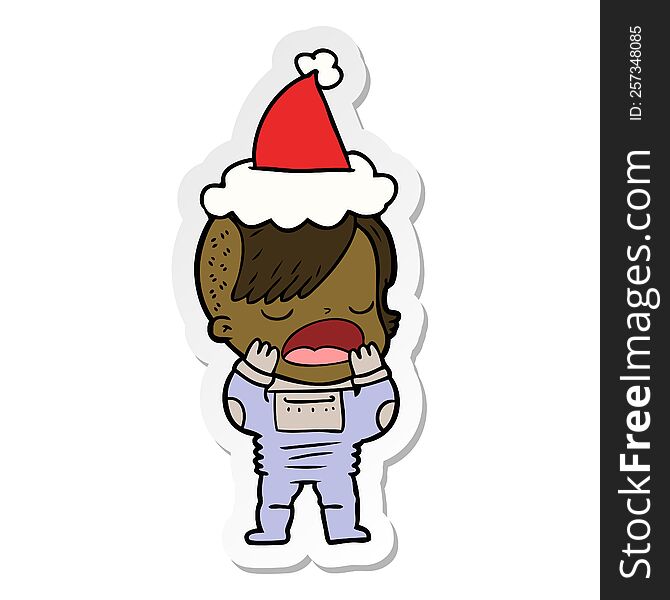 hand drawn sticker cartoon of a cool hipster girl in space suit wearing santa hat