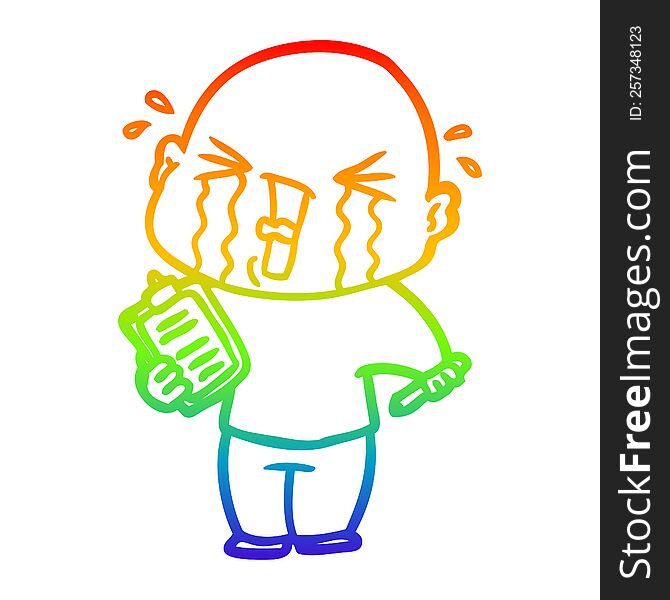 rainbow gradient line drawing of a cartoon crying man with clipboard