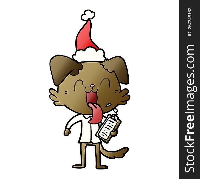 hand drawn gradient cartoon of a panting dog with clipboard wearing santa hat